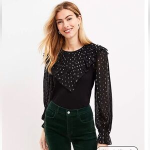 Loft Shimmer Dotted Ruffle Yoke Mixed Media Top